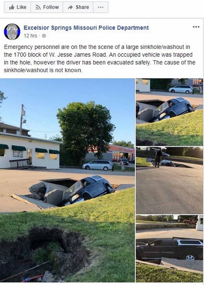 MO Sinkhole Swallows Occupied Pickup Truck Near Excelsior Springs