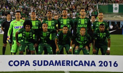 Brazilís Chapecoense players pose for pictures during their 2016 Copa Sudamericana semifinal second leg football match in Chapeco, Brazil, on November 23. Photograph: Nelson Almeida/AFP/Getty Images