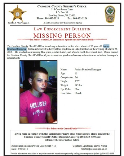 Joshua Brandon Romagna missing persons poster