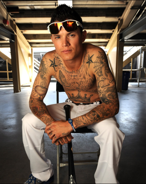 Justin Sellers Showing Off His Tattoos los angeles dodgers 26001189 474 595 LA Dodgers Player Involved In Wild High Speed Motorcycle Chase 