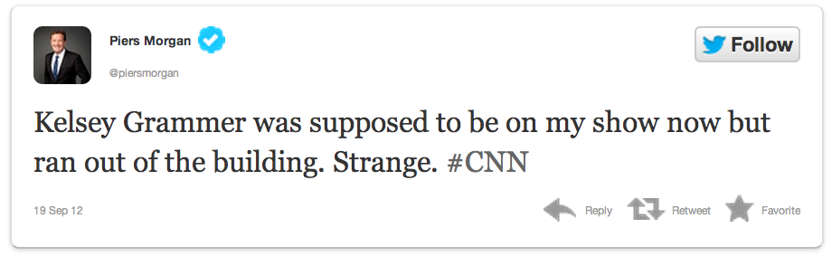 Kelsey Grammer and Piers Morgan have met up on CNN to chat before, but the actor's latest visit didn't go so well. Screen Shot 2012 09 20 at 10.50.34 AM Kelsey Grammer Piers Morgan Simon Cowell RUNNER TWEET DRAMA