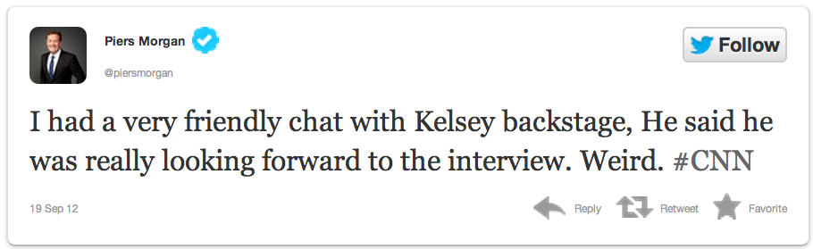 Kelsey Grammer and Piers Morgan have met up on CNN to chat before, but the actor's latest visit didn't go so well. Screen Shot 2012 09 20 at 10.51.02 AM Kelsey Grammer Piers Morgan Simon Cowell RUNNER TWEET DRAMA