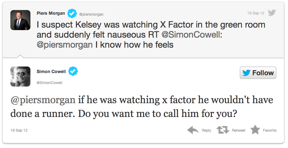 Kelsey Grammer and Piers Morgan have met up on CNN to chat before, but the actor's latest visit didn't go so well. Screen Shot 2012 09 20 at 10.51.26 AM Kelsey Grammer Piers Morgan Simon Cowell RUNNER TWEET DRAMA