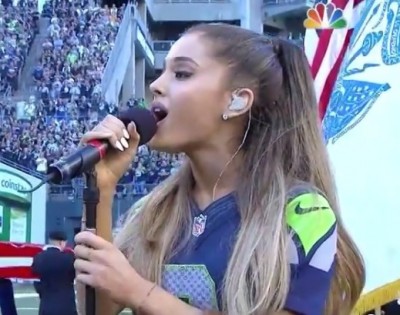 Ariana Grande performing the National Anthem at the Seattle Seahawks game 1