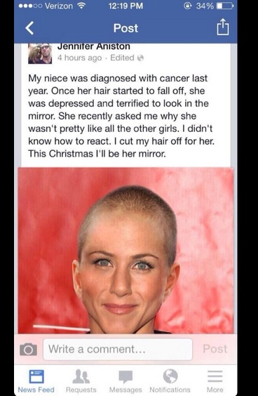 Facebook and Twitter shared this post virally concerning Jennifer Aniston's alleged shaved head. The picture however was photoshopped and the Instagram account was fake