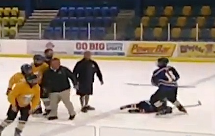 hockey coach trips kid in handshake line