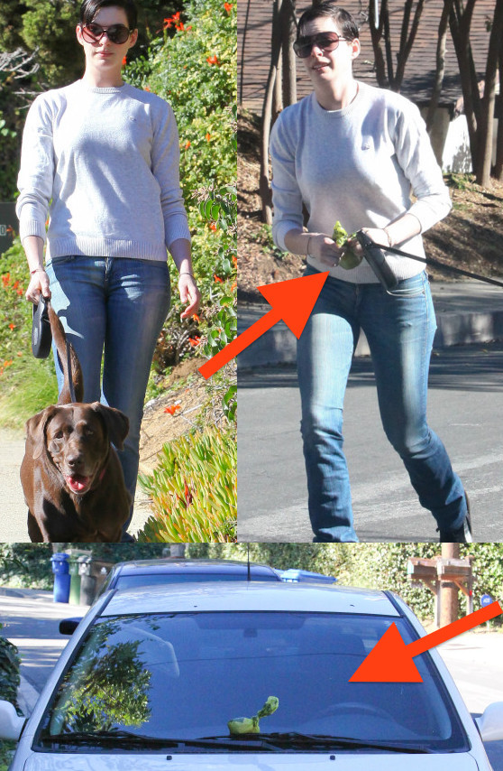 Anne Hathaway and Esmeralda leave a Christmas treat on a paparazzo's car